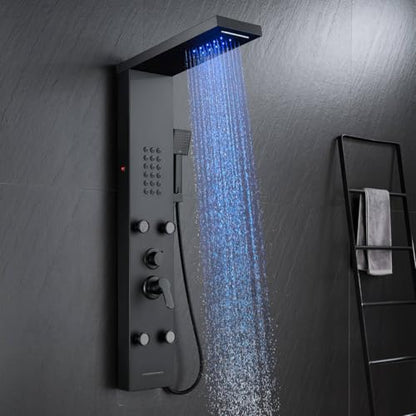 ROVATE 5 in 1 LED Rainfall Waterfall Shower Panel, Matte Black | High Pressure Stainless Steel Shower Tower with 4 Angle Adjustable Body Jets, Flexible Handheld, Waterfall Tub Spout