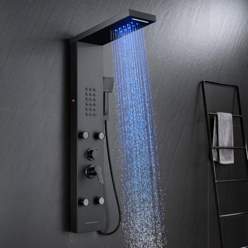 ROVATE 5 in 1 LED Rainfall Waterfall Shower Panel, Matte Black | High Pressure Stainless Steel Shower Tower with 4 Angle Adjustable Body Jets, Flexible Handheld, Waterfall Tub Spout