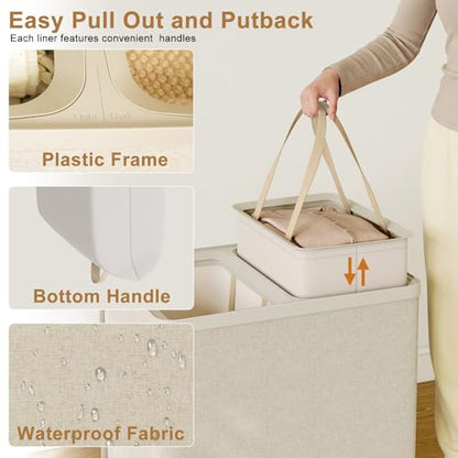 Double Laundry Hamper with Lid, 150L Large Laundry Basket 2 Compartments | Gasvadivum Dirty Clothes Hamper 2 Section with Portable Liner Bags and Handles for Laundry Room, Bedroom, Easy Assembly,Beige - color: Beige