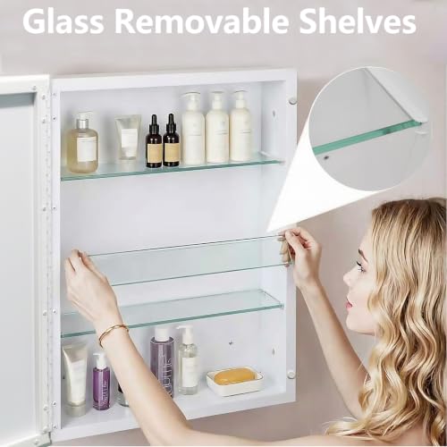 16x26 inch Medicine Cabinet with Mirror, Recessed Medicine Cabinet or Surface Wall Mount Plastic Bathroom Cabinets with Removable Shelves, Beveled Edge Mirror Cabinet - style: CS5004A-1626