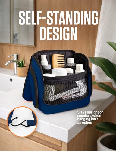 VENTURE 4TH Hanging Travel Toiletry Bag, 18 Compartments - Navy Blue | Hangs on rails, hooks or doors; stands upright. Removable TSA pouch. Water-resistant Nylon 290D Twill, reinforced stitching. - color: Navy