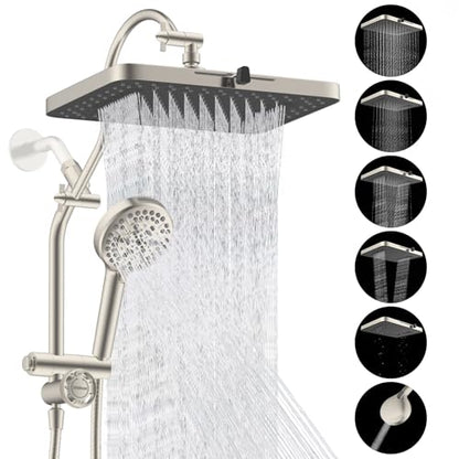 Hibbent cUPC Certified High Pressue 13'' Rainfall Shower Head with 5-Spray | Shower Heads with Handheld 10-Spray Combo, All Metal Easy Reach 4-way Diverter Arm, 71'' Hose & Holder, Brushed Nickel - color: Brushed Nickel, style: Square 13"