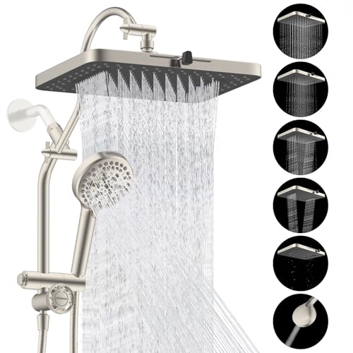 Hibbent cUPC Certified High Pressue 13'' Rainfall Shower Head with 5-Spray | Shower Heads with Handheld 10-Spray Combo, All Metal Easy Reach 4-way Diverter Arm, 71'' Hose & Holder, Brushed Nickel - color: Brushed Nickel, style: Square 13"