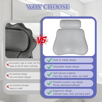 Silicone Bath Pillow, Upgraded Bath Pillows for Tub, Adjustable Height Bathtub Pillow for Head and Neck, 4D Luxury Tub Pillow Skin-Friendly Large Suction Cups Stability, Spa Relaxation-Grey
