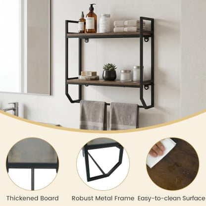 Giantex Bathroom Shelf with Towel Bar, Industrial Wood Wall Mounted Shelves | 2-Tier Over the Toilet Storage Organizer, Metal Floating Shelf with Towel Holder for Bathroom, Kitchen, Living Room, Gray Oak - color: Gray Oak
