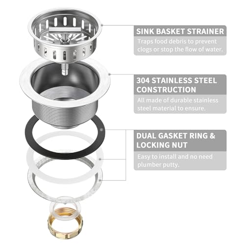 KONE Kitchen Sink Drain Sink Strainer 3-1/2 Inch Drain Assembly Kit Replacement for Universal 3.5 Inch Kitchen Sink, All Stainless Steel Body with Strainer Basket and Drain Stopper (9171，Stainless) - color: Stainless
