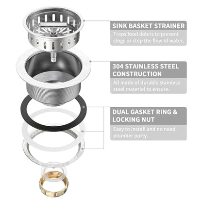 KONE Kitchen Sink Drain Sink Strainer 3-1/2 Inch Drain Assembly Kit Replacement for Universal 3.5 Inch Kitchen Sink, All Stainless Steel Body with Strainer Basket and Drain Stopper (9171，Stainless) - color: Stainless