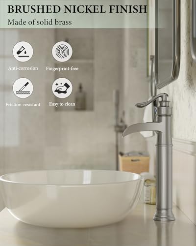Vessel Sink Faucet Tall Bathroom Faucets Waterfall Brushed Nickel Brass | Single Handle 1 Hole with Pop Up Drain and Supply Line Farmhouse Lavatory Vanity by Homevacious - color: Brushed Nickel