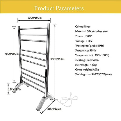 Towel Warmer Rack,Electric Heated Towel Rack Freestanding & Wall Mounted, Towel Warmer for Bathroom Standing 304 Stainless Steel,10 Bars Radiator with Timer,Plug-in,Silver - color: Silver