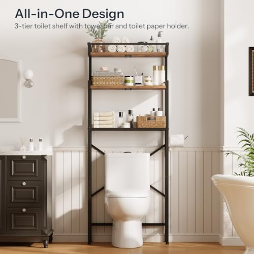 HOOBRO Over-The-Toilet Storage Rack, 3-Tier Bathroom Shelves Above Toilet, Bathroom Organizer with Toilet Paper Hook, Laundry Room, Space Saver, Rustic Brown and Black BF21TS01