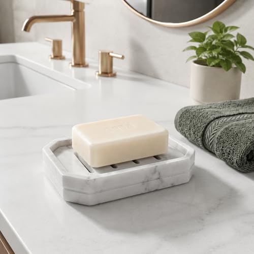 Drainable Soap Dish, Double Layer Resin Soap Holder with Marble-Look, Non-Slip Silicone Feet Soap Saver for Bathroom - color: Marble Look