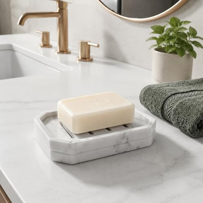 Drainable Soap Dish, Double Layer Resin Soap Holder with Marble-Look, Non-Slip Silicone Feet Soap Saver for Bathroom - color: Marble Look