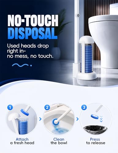 Toilet Brush Kit, Disposable Toilet Bowl Cleaner Brush with Blue Replacement Heads, Press-Button Wand and Self-Closing Freestanding Holder (Toilet Brush + 63 Refills)