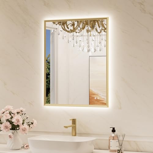 TokeShimi 24"x 30" Bathroom Mirror Backlit with Gold Frame, Dimmable Backlight LED Lighted Vanity Mirror with Shatter-Proof, Memory, 3 Colors, Anti-Fog Mirror with HD Tempered Glass - color: Gold, size: 24"L x 30"W, style: Backlit