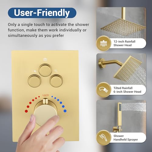 Thermostatic Dual Shower Head System, Brushed Gold Shower Faucet | 12 Inch Ceiling Rainfall Shower, 6 Inch Wall Mount Head, High Pressure Handheld Sprayer, Push Button Valve - color: Brushed Gold