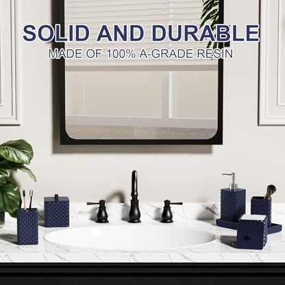 Bathroom Accessories Set Resin 6PCS, Square Toothbrush Holders Set Complete with Soap Dispenser, Vanity Tray, Tumbler, Cups and Cotton Swab Jars (Navy Diamond, Resin Bath 6 PCS) - color: Navy Diamond