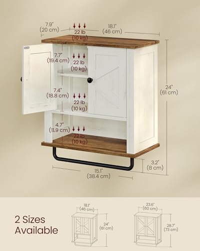 VASAGLE LIRY Collection - Bathroom Wall Cabinet, Farmhouse Wall-Mounted Medicine Storage Cabinet with 2 Barn Doors, Adjustable Shelf, Towel Bar, 7.9 x 18.1 x 24 Inches, Rustic White UBBK132W01S - color: Rustic White, style: 2Doors（24"H）