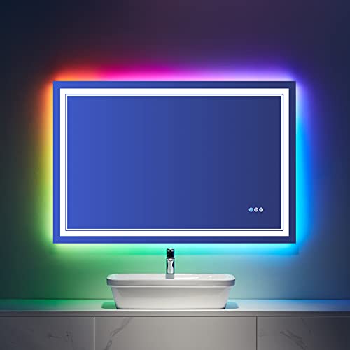 40x32 Inch RGB LED Bathroom Mirror with Lights | Front and RGB Backlit, Dimmable, Memory, Anti Fog, Shatterproof, Horizontal/Vertical, Lighted Mirrors for Bathroom Wall - color: Rgb Backlit, size: 40"L x 32"W