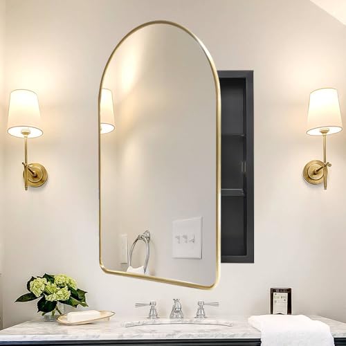 Arched Medicine Cabinet with Mirror,Gold Recessed Medicine Cabinet Mirror | Bathroom Arch Mirror Cabinet,Metal Framed,Gold Arched Mirrored Medicine Cabinet,Surface Mount,Full Assembled,20x31 Inch - color: Gold