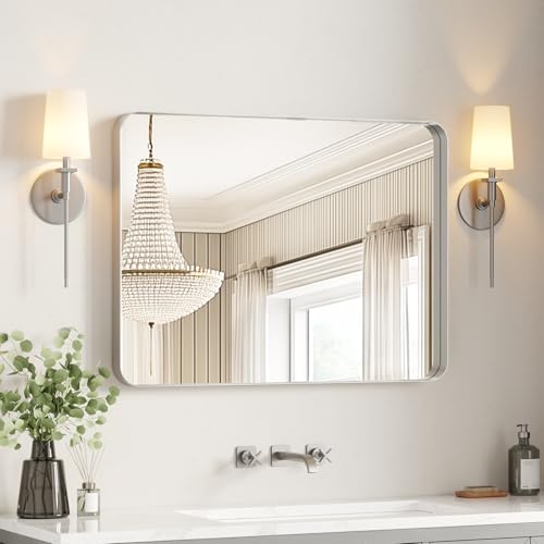 USHOWER Brushed Nickel Bathroom Mirror 30"x40" | Silver Rectangle Vanity Mirrors for Bathroom Sink, Aluminum Frame, Anti-Rust, Tempered Glass, Horizontal or Vertical - color: Brushed Nickel, size: 30"L x 40"W