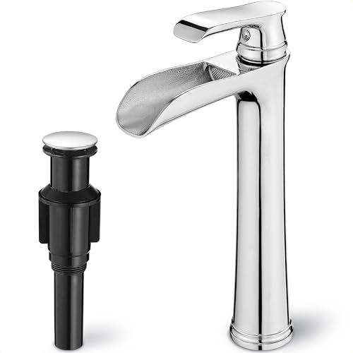 Bathroom Waterfall Faucet, Brass Tall Chrome Bathroom Faucet One Handle, Vessel Sink Faucet 1 Hole, Faucet for Bathroom Sink with Pop-Up Drain & Supply Hoses for Vanity Lavatory RV Farmhouse - color: Chrome