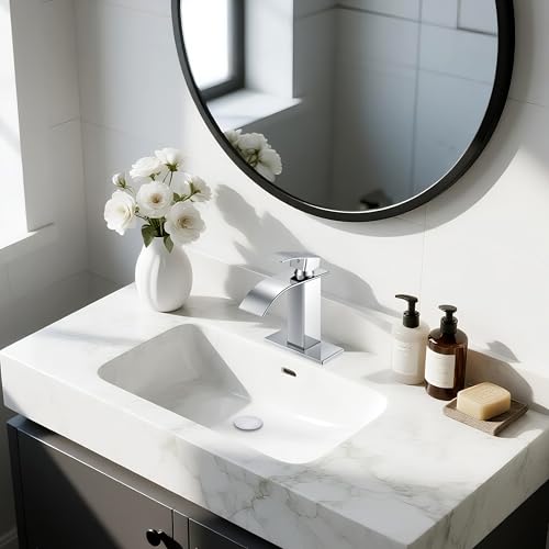 Chrome Bathroom Faucets, Waterfall Bathroom Sink Faucet | Single Handle, Stainless Steel, Vanity Faucet with Deck Plate, Pop-up Drain, For 1 or 3 Hole, RV, Farmhouse - color: A-Chrome