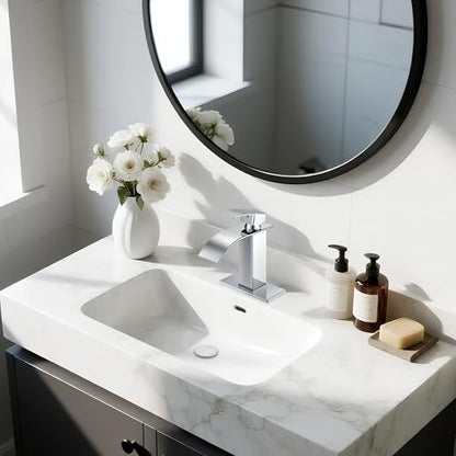 Chrome Bathroom Faucets, Waterfall Bathroom Sink Faucet | Single Handle, Stainless Steel, Vanity Faucet with Deck Plate, Pop-up Drain, For 1 or 3 Hole, RV, Farmhouse - color: A-Chrome