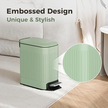 TrashAid Slim Bathroom Trash Can with Lid Soft Close & Pedal, 1.6Gal, Green | Removable Inner Bucket, Stainless Steel Garbage Can, Small Wastebasket for Toilet/Office/Bedroom, Retro Design, Odor Control - color: Green