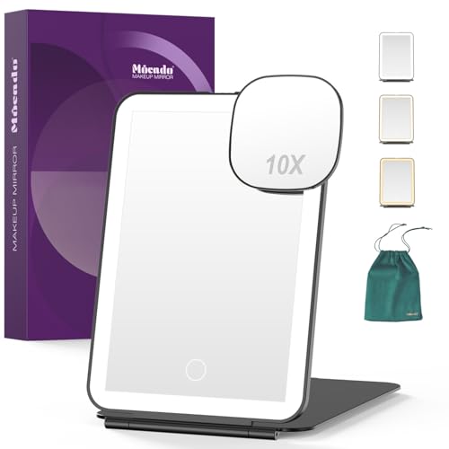 Mocado LED Foldable Travel Makeup Mirror - 5x7 inches 3 Colors Light Modes USB Rechargeable Touch Screen, Portable Tabletop Cosmetic Mirror for Travel, Cosmetic, Office (Black) | Magnetic 10x Magnifying, 3 Colors Light, 0-100% Brightness Adjustable, 2000m