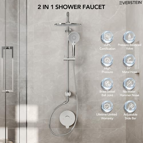 10 Inch High Pressure Rainfall Shower System with Slide Bar, Wall Mount Bathroom Round Shower Faucet Set with Valve, Polished Chrome - color: Polished Chrome