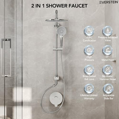 10 Inch High Pressure Rainfall Shower System with Slide Bar, Wall Mount Bathroom Round Shower Faucet Set with Valve, Polished Chrome - color: Polished Chrome