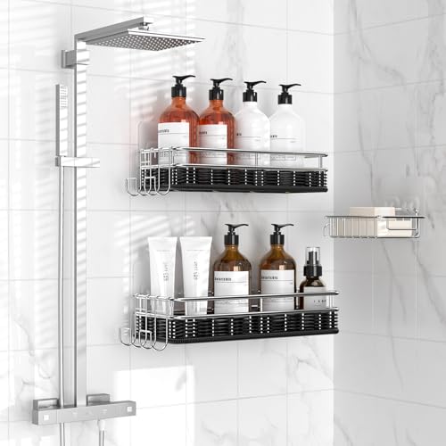 Shower Caddy 3 Pack, Adhesive Shower Organizer with Soap Dish and 4 Hooks, Rustproof Stainless Steel Shower Shelves, Wall Mounted No Drilling Storage Shelf Basket Accessories for Bathroom & Kitchen