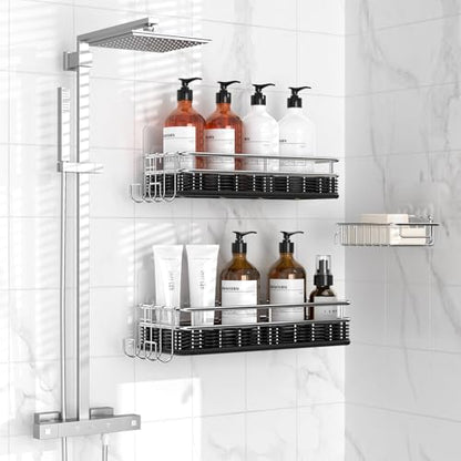 Shower Caddy 3 Pack, Adhesive Shower Organizer with Soap Dish and 4 Hooks, Rustproof Stainless Steel Shower Shelves, Wall Mounted No Drilling Storage Shelf Basket Accessories for Bathroom & Kitchen
