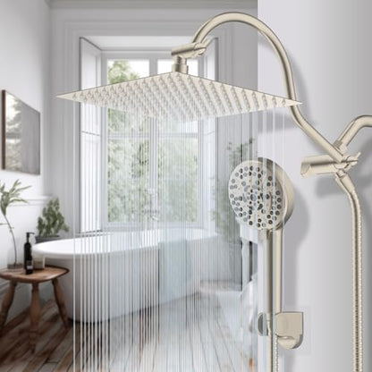 Hibbent 12'' All Metal CUPC Certified Shower Head, High Pressure Rainfall Shower Head, Handheld Showerhead Combo, 12'' Adjustable Extension Arm, 10-Spray, 71'' Hose, Showerhead Holder, Brushed Nickel - color: Brushed Nickel, style: Square 12''