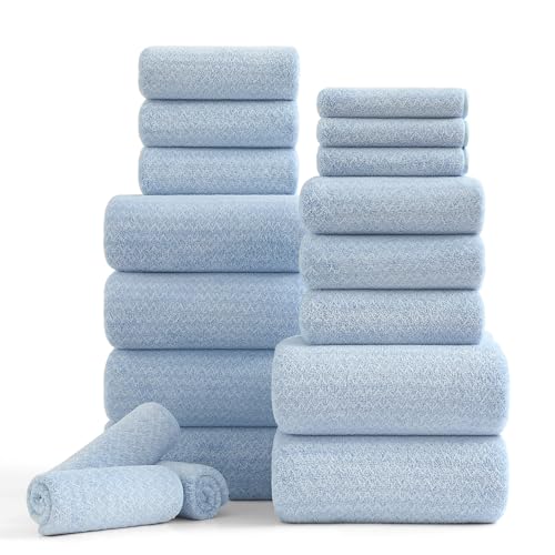 Ycosy 18 Piece Bath Towels Set,100% Microfiber Family Bathroom Towel with Hanging Loops-6 Bath Towels,6 Hand Towels,6 Washcloths,Quick Dry Highly Absorbent Shower Towel for Bathroom,Hotel,Spa-Blue - color: Blue, size: 18 Piece Towel Set