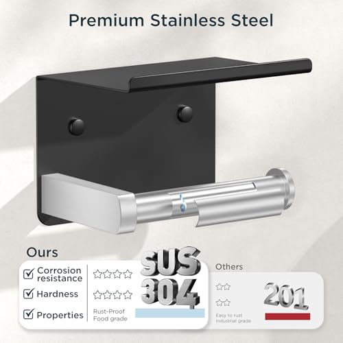 FORIOUS Toilet Paper Holder with Phone Shelf, Black & Brushed Nickel | Wall Mount Toilet Paper Roll Holder for Bathroom, Stainless Steel Commercial Toilet Tissue Roll Dispenser with Phone Shelf - color: Matte Black & Brushed Nickel