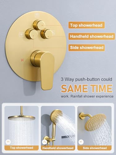 Woindo Shower Faucet Set 10" Rain Shower Head/8'' Side Shower Head and 3 Setting Handheld Ceiling Mount 3 Push Button Diverter Complete Rainfall Round Shower System Included Valve Trim Kit - color: Brushed Gold, style: 10"-R-Ceiling-02