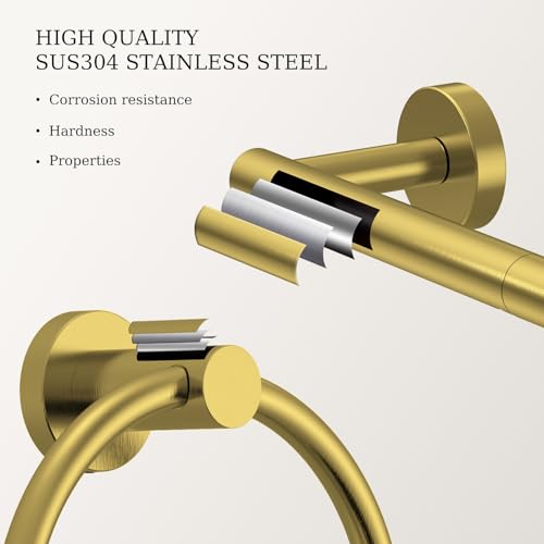Brushed Gold Toilet Paper Holder & Towel Holder Bathroom Hardware Set | SUS304 Stainless Steel Double Post Pivoting Tissue Roll Holder and Hand Towel Ring Set for Bathroom RV by Evolvegoods - color: Brushed Gold