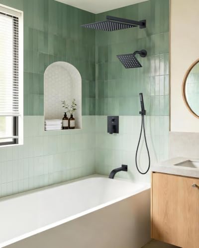 Rain Shower System with Rough-in Valve, Wall Mount Shower Faucet Set with 12" & 6" Dual Rain Shower Heads, 2-in-1 Handheld Shower, Tub Spout, 4-Function Complete Shower Fixture, Matte Black - color: Matte Black, size: Wall Mount-12"+6" head with Tub Spout