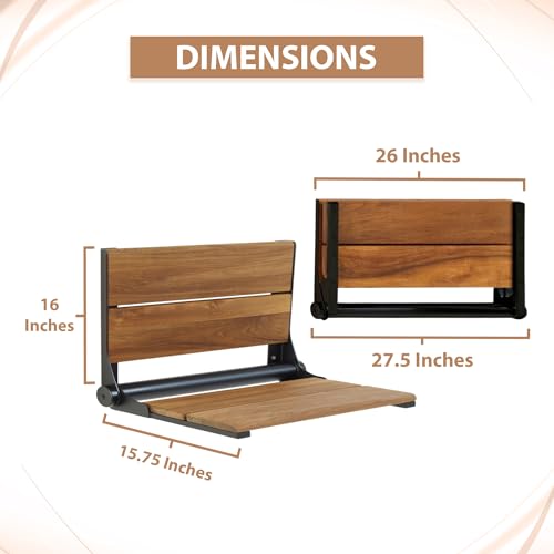 Teak Shower Seat - Contour Wood / Folding Wall Mount Bench for Inside Shower / ADA Safety Assist / 304 Stainless Steel / Matte Black / 26" x 16" - color: Matte Black, Teak, size: 26" x 16"