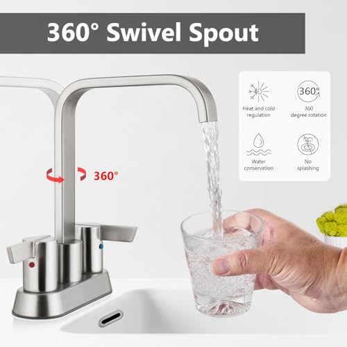 Brushed Nickel Waterfall Bathroom Faucet 4 Inch Centerset,2-Handle | Stainless Steel 3-Hole Deck-Mount Design Includes Supply Lines and Pop-Up Drain for a Complete Vanity Installation - color: Brushed Nickel