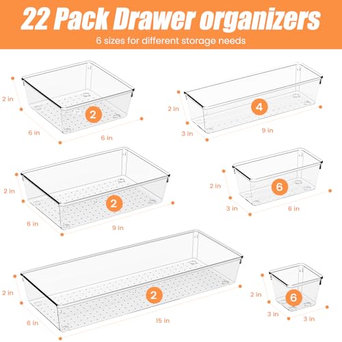 22 Pcs Drawer Organizer Bins, Acrylic Non Slip Kitchen Drawer Organizers Storage Tray Divider, Multifunctional Storage for Cosmetics, Bathroom, Tools, Kitchen and Office - size: 22 Pack