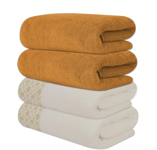 ELITE 4 Pack Luxury Jacquard Bath Towel Set – 100% Cotton, 600 GSM Ultra Soft & Absorbent Towels – Elegant Floral Pattern – 4 Large Bath Towels 27"x54" for Bathroom, Gift Spa & Hotel (Antique Gold) - color: Antique Gold