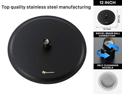 NearMoon Rain Shower Head with 11'' Adjustable Arm, High Pressure Stainless Steel Rainfall Shower, Ultra-Thin Design - Pressure Boosting (12 Inch, Matte Black) - color: Matte Black, size: 12 Inch