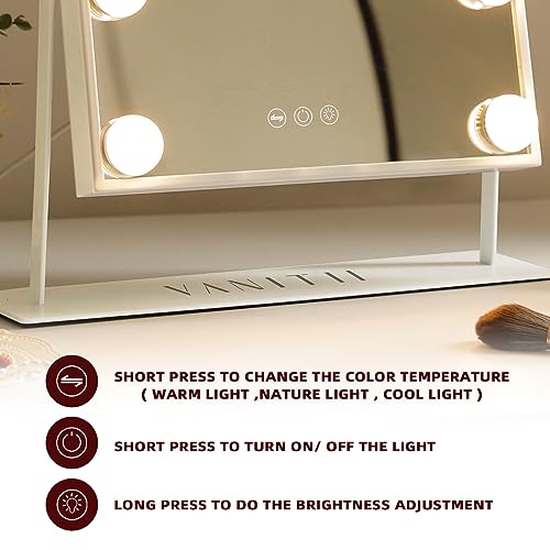VANITII Lighted Vanity Hollywood Mirror with 12 Dimmable Bulbs Smart Touch Control 3 Colors Light for Tabletop, Detachable 10X Magnification
