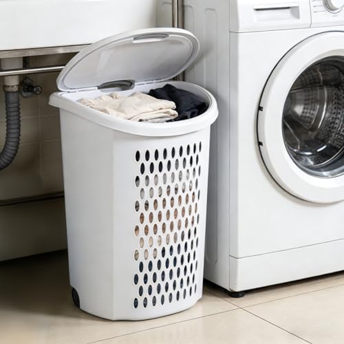 Plastic Laundry Basket, Clothes Hamper with Lid & Wheels, Dirty Clothes Hamper with Handle for Laundry room, Bathroom, Dormitory, White