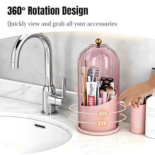 JEESA Dustproof Toothbrush Holder with Cover, Pink | 360° Rotating, 180° Sliding Lid, 3 Slots, Toothbrush Organizer, for Bathroom Countertop - color: Pink