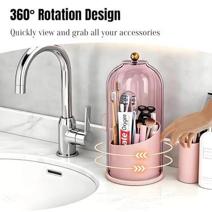 JEESA Dustproof Toothbrush Holder with Cover, Pink | 360° Rotating, 180° Sliding Lid, 3 Slots, Toothbrush Organizer, for Bathroom Countertop - color: Pink