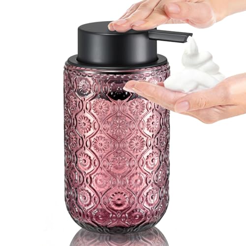 Pink Glass Foaming Hand Soap Dispenser | with Matte Black Pump Thick Embossed Bottle Refillable for Bathroom and Kitchen Decor 13.5 oz - color: Rose Pink