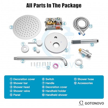 gotonovo Shower Faucet Set with Rough-in Valve Trim Kit,Polish Chrome | 10 Inch Round Rain Showerhead with Handheld Spray,Bathroom Wall Mount Shower System Complete Combo,2-in-1 Diverter,All Metal - color: Chrome